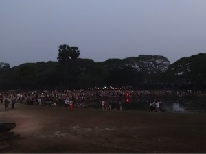 Tourists gathered at Angkor Wat for sunrise.