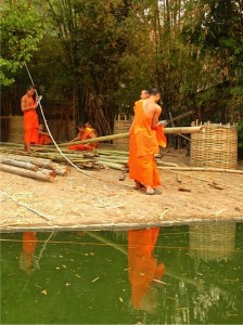 Monks making wicker from bamboo